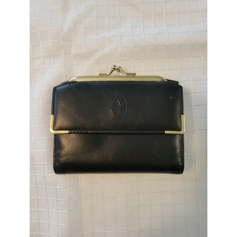 Vintage Buxton Black Leather Trifold Wallet Kiss Lock Coin Pouch Gold Tone Trim